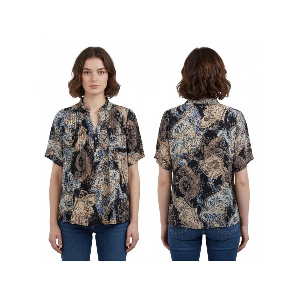 Tahari Black and Cream Short Sleeve Mandarin Collar Shirt